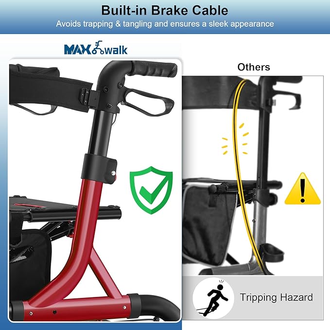 Walkers for Seniors, Rollator Walker with Seat, 12" Big Rubber Wheels All Terrain Rollator Walker with Backrest, Built-in Cable, Cup Holder, Foldable and Height Adjustment for Seniors, Red