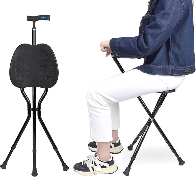 UNLICON-Brown Folding Cane Stool with Seat – Lightweight Adjustable Walking Cane for Seniors, Ergonomic Design, 330 lbs Capacity, Portable and Convenient Cane Chair with Anti-Slip Feet