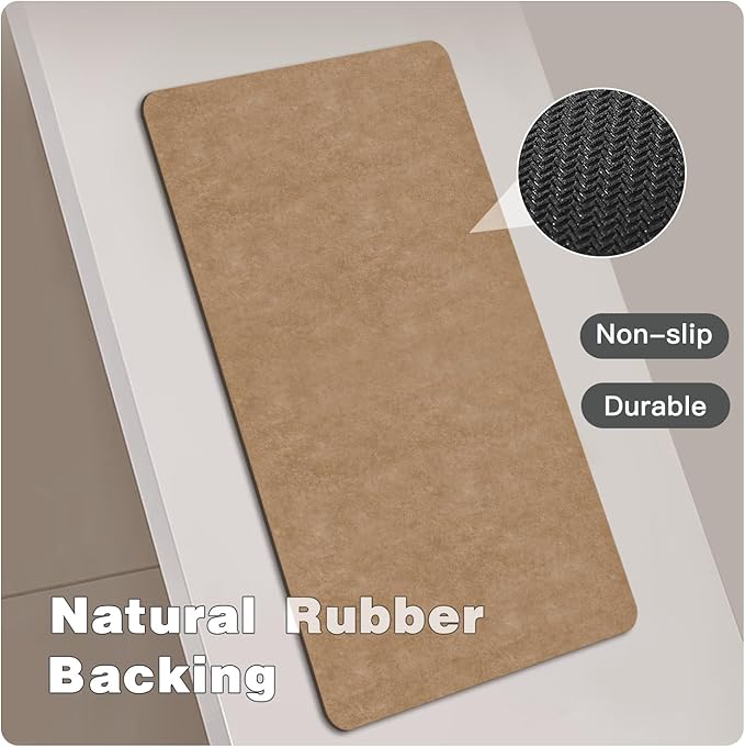 Bathroom Mat Quick Dry, Bathroom Rugs Non Slip Washable Thin Absorbent Bath Mat Fits Under Door Bathroom Floor Mat Perfect for Bath, Shower, or Sink 16"x24" Camel