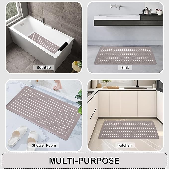 Linoows Non-Slip Bathtub and Shower Mats, Power Grip Bath Mat 35 x 16.3 Inch with Suction Cups and Drain Holes for Tub Bathroom Floor Safety, Machine Washable Soft Bathmat, Tan