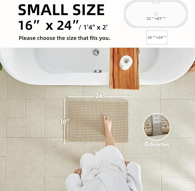 Pale Beige Bathroom Rug, Waffle Bath Mat Non Slip Washable Super Absorbent Quick Dry Boho Farmhouse Bathroom Decor, 24''x16'' Pale Beige