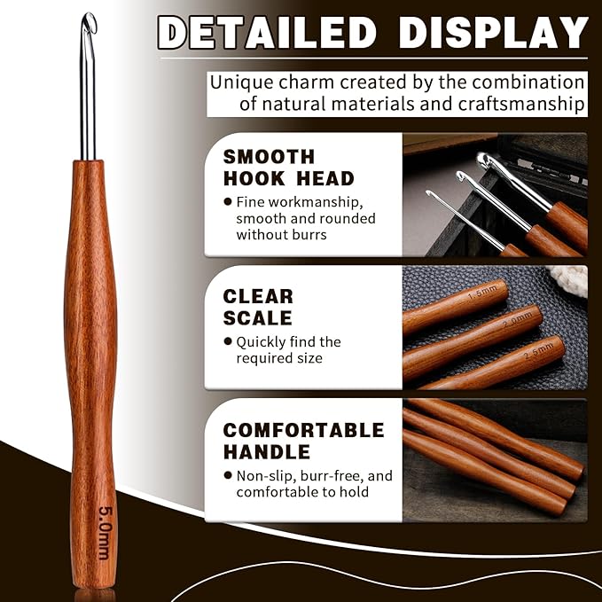 Nitlak 5mm Crochet Hook, Available in 1.5mm-6.0mm, Aluminum Ergonomic Crochet Hook with Wooden Handle for Arthritic Hands, Beginners, Knitting Needles for Birthday Gifts