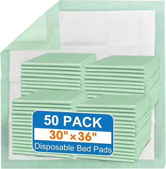 Disposable Bed Pads 30“x36”, 50 Count Extra Large Underpads , Heavy Duty Absorbent Bed Pads for Adult Incontinence, Senior Care, Kids & Puppy Training Pads (No Adhesive)