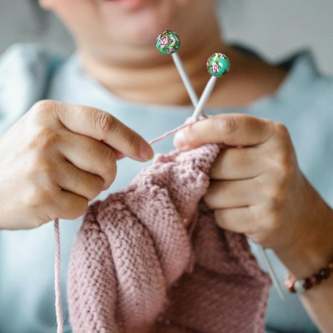 SPANSEE 8 PCS Round Ball Flower Print Stitch Stoppers, Knitting Needle Point Protectors, Stitch Holders for Knitting, Knitting Needle Caps, Knitting Supplies fit Size 2.5-13 (3mm-9mm) Needles