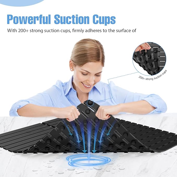 Shower Mat Non-Slip Bath Mat for Tub and Shower Stall,200+ Suction Cups with Drain Holes, Quick Dry Machine Washable, Extra Grip for Elderly and Baby, Bathroom Essentials 24x24 Inch(Black)