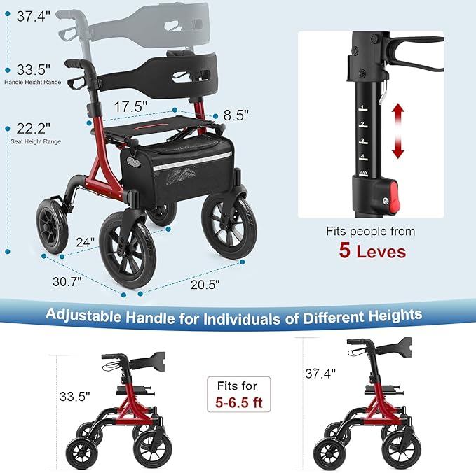 Walkers for Seniors, Rollator Walker with Seat, 12" Big Rubber Wheels All Terrain Rollator Walker with Backrest, Built-in Cable, Cup Holder, Foldable and Height Adjustment for Seniors, Red