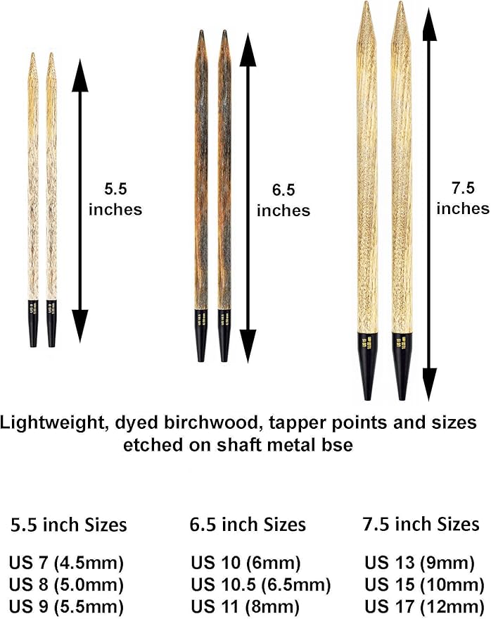 Lykke Driftwood 5.5, 6.5 & 7.5 Inch Long Interchangeable Knitting Needles Birch Wood US Sizes US Sizes 7, 8, 9, 10, 10.5, 11, 13, 15, 17 with 5 Cords, connectors, Keys, Grey Denim Case, Project Bag