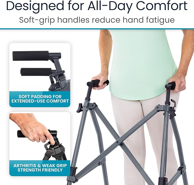 Vive Lightweight Folding Walker for Seniors - Narrow Foldable Rolling Walker for Small Spaces- Compact & Collapsible for Travel - with Wheels, Mobility Support, Portable- Weighs Only 5.5 Pounds