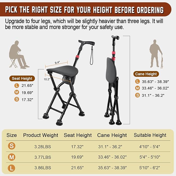 HZZEDNG-Hold 400 lbs Folding Canes with Seat, Allows Durability While Walking and Convenience for Sitting, Aluminum Portable Anti-Slip Cane Seat, Height-Adjustable Walking Cane