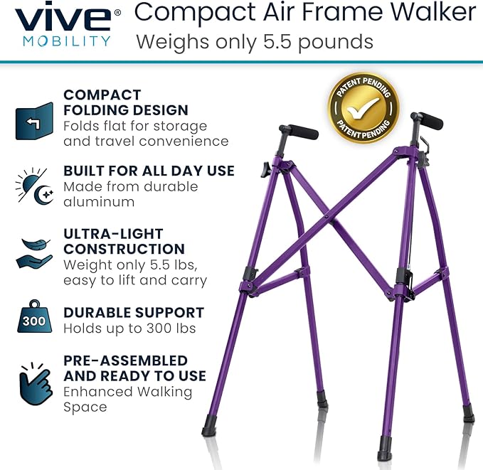 Vive Lightweight Folding Walker for Seniors - Narrow Foldable Rolling Walker for Small Spaces- Compact & Collapsible for Travel - with Wheels, Mobility Support, Portable- Weighs Only 5.5 Pounds