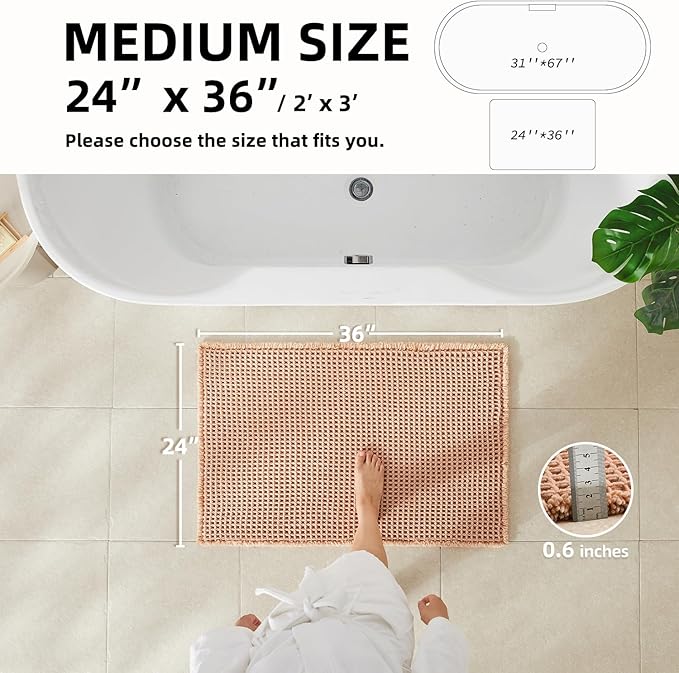 Waffle Bath Mat, Boho Bathroom Rugs Non Slip Washable Super Absorbent Quick Dry Bath Mat Farmhouse Bathroom Decor, 36"x24" Light Peach