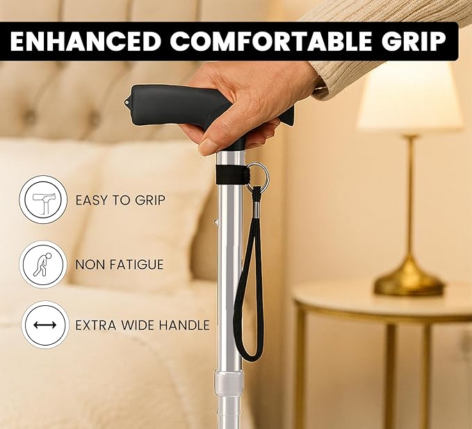 Walking Cane for Men & Women – Foldable, Adjustable, Self-Standing Cane with 360° Pivot Base, Comfortable Grip, Heavy Duty Canes for Women, Collapsible Walking Stick with Travel Bag for Seniors Adults