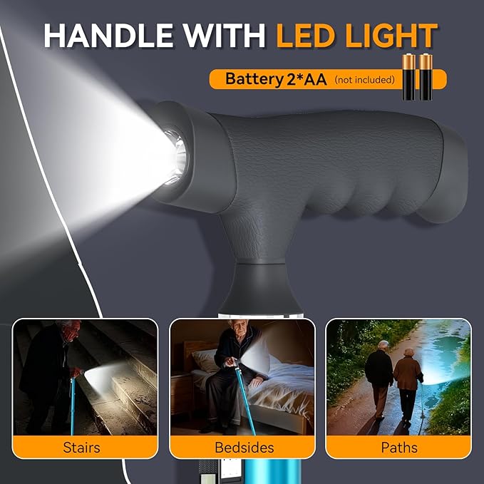 Walking Cane with LED Light for Seniors Men Women, Adjustable Folding Canes for Elderly, Ergonomic Handle & All Terrain Shock Absorbing Base, Walking Sticks for Indoor Outdoor Travel Hiking Support