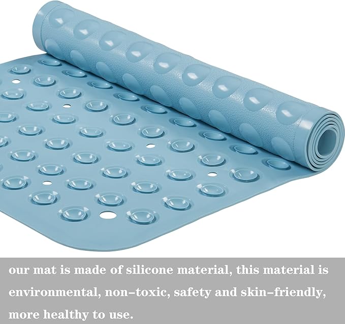 YANZIFLY Bathtub Mat for Shower: Soft Silicone Bath Mat Non Slip with Suction Cups Tub Mat for Bathroom for Family Extra Large Shower matt Machine Washable - Blue