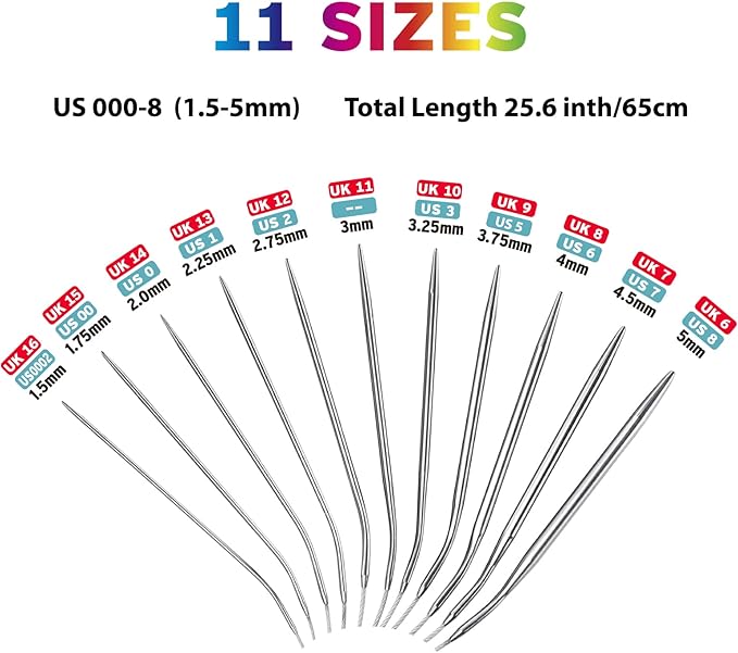Circular Knitting Needles Set 24 Inch, Round Metal Knitting Needles with Magic Loop, 11 Pack 1.5-5mm Stainless Steel Circle Knitting Needles for Beginners Knitting Socks, Blankets, Sweaters, Hats