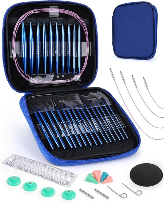 Aeelike Interchangeable Knitting Needles Set,13 Pairs Circular Knitting Needles Aluminum (Size 3.0mm-10.0mm) with 4 Cables Accessories Needle Storage Casefor Socks Blankets Cushions, Ideal Gift