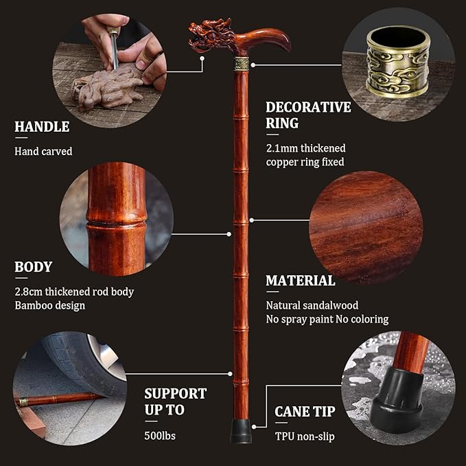 Wooden Cane, Hand Carved High-end Walking Cane for Men and Women, Lightweight Design Support Up to 500lbs Dragon Canes for Seniors, Suitable for Discerning Personal and Gift Use