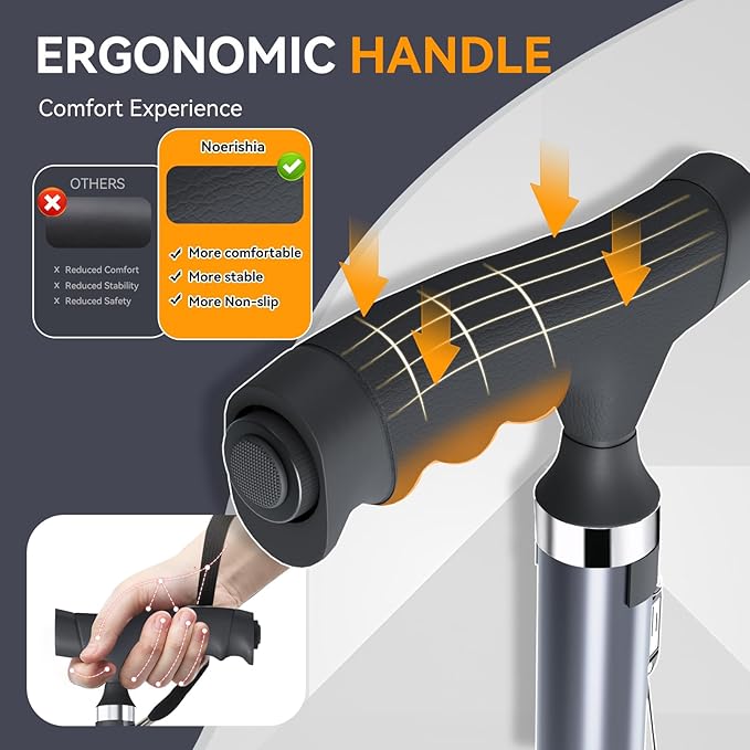 Walking Cane with LED Light for Seniors Men Women, Adjustable Folding Canes for Elderly, Ergonomic Handle & All Terrain Shock Absorbing Base, Walking Sticks for Indoor Outdoor Travel Hiking Support