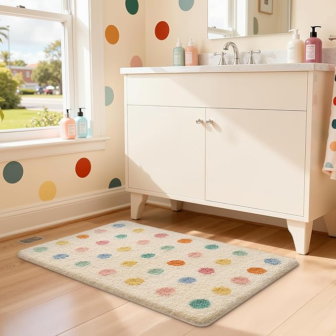 LUMI Bathroom Rugs, Soft Absorbent Bath Mat for Modern Home Decor, Non-Slip Quick-Dry Bath Rug, Machine Washable Floor Mat for Shower and Tub, Entryway, 16"x24", Colorful Dot