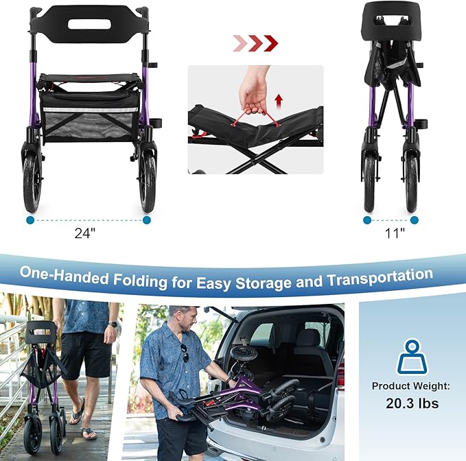 Walkers for Seniors, Rollator Walker with Seat, 12" Big Rubber Wheels All Terrain Rollator Walker with Backrest, Built-in Cable, Cup Holder, Foldable and Height Adjustment for Seniors, Purple
