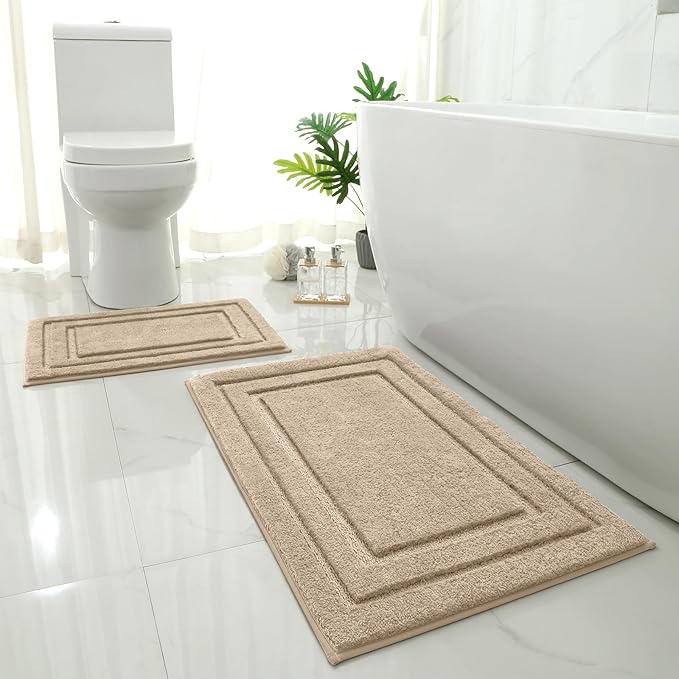 HOMEIDEAS 2 Pieces Farmhouse Bathroom Rug, Super Soft and Absorbent Non Slip Microfiber Machine Washable Bath Mat Set for Bathroom, Farmhouse Bath Decor(20" x 32" + 16" x 24", Khaki)