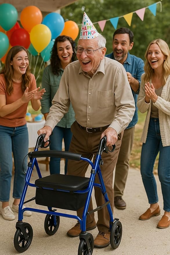 Caring 4-Wheel Rollator Walker for Seniors – Blue Rolling Walker with Seat, Hand Brakes & Storage – Heavy Duty Frame Supports 350 lbs – Foldable Mobility Aid