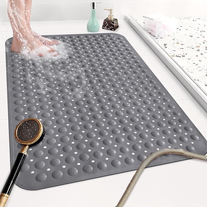 Shower Mat Non Slip: 35.4 x 23.6 Inch Extra Large TPE Shower Mats for Inside Shower - Anti Slip Shower Stall Matt with Drain Hole and Suction Cups for Elderly