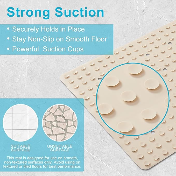 Non-Slip Bath Mat for Tub & Shower：Silicone Foldable Bathtub Mat with Strong Suction Cups, Quick Drain Holes, Machine Washable Extra Large Bathroom Mats 35.8" x 17.7", Beige