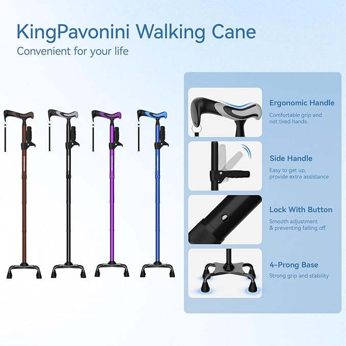 KingPavonini Walking Cane for Women/Men with Second Handle, Foldable & Adjustable Quad Cane with 4-Pronged Base for Standing, Lightweight Walking Aid for Seniors & Adults
