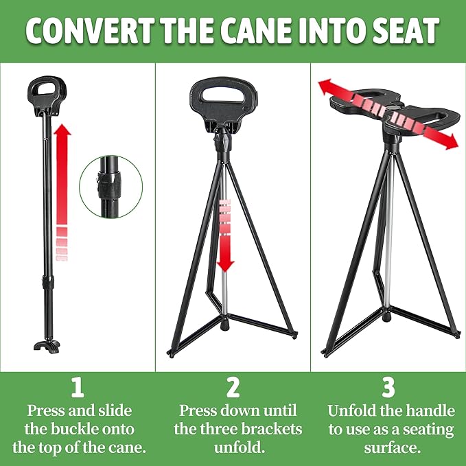 ALEVMOOM Walking Cane with Seat Folding Lightweight, 2-in-1 Cane Stool for Adults, Aluminum Walking Stick with Seat, Portable Stool for Senior, with Carry Bag