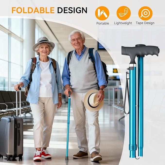 Walking Cane with LED Light for Seniors Men Women, Adjustable Folding Canes for Elderly, Ergonomic Handle & All Terrain Shock Absorbing Base, Walking Sticks for Indoor Outdoor Travel Hiking Support