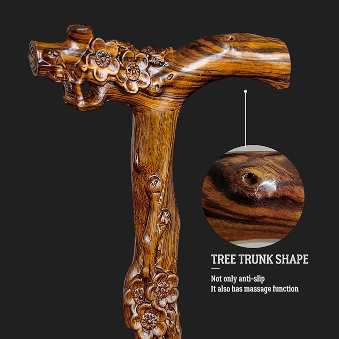 Wooden Walking Cane, Hand-Carved Wood Walking Cane for Men and Women, with Massage Function Support up to 500lbs, High-end Canes for Seniors Suitable for Gift Giving