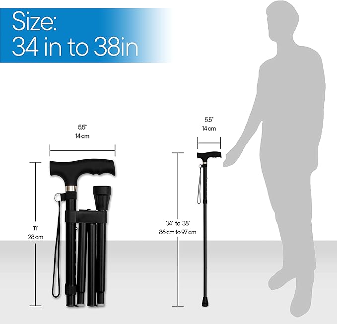 RMS Folding Cane - Foldable Walking Cane with Adjustable Height - Collapsible and Lightweight - Soft Ergonomic Handle for Comfortable Grip - Portable Walking Stick for Mobility Aid