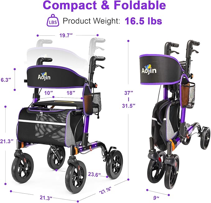 Walkers for Seniors, Rollator Walker with Seat, 350 lb Weight Capacity, 18" Big Seat, 8" All-Terrain Wheels, 6-Level Adjustable Height, Lightweight Aluminum Frame Rollator Walkers for Seniors (Purple)