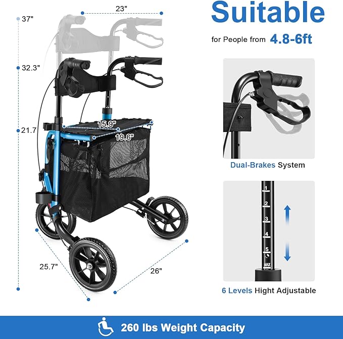 WALK MATE 3 Wheel Rollator Walker with Seat for Slim Seniors, Padded Backrest Lightweight Foldable Walker Ideal for Elderly, 8 Inch Tri-Wheel Modern Mobility Walking Aid Aluminum, Blue
