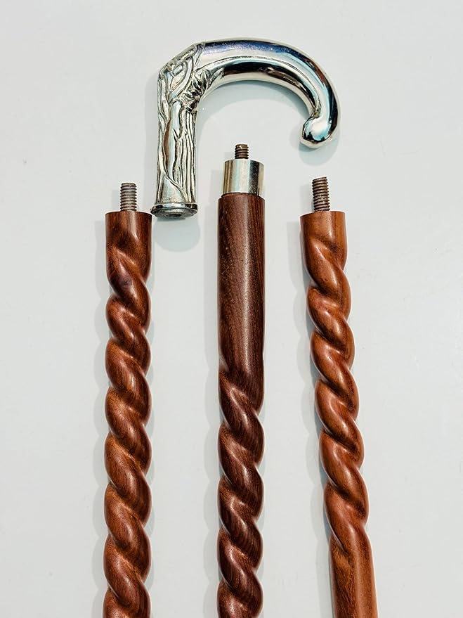 Silver Handle Wooden Walking Cane for Men & Women, Vintage Walking Stick, Twisted Wood Cane, Halloween Costume Prop, Victorian Gentlemen Cane, Antique Brass Walking Stick Gift