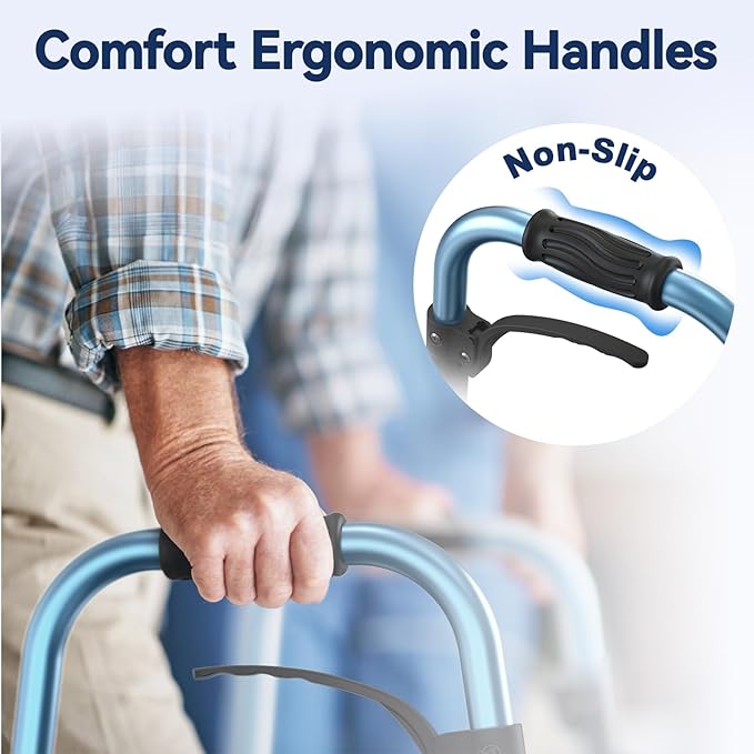 Walkers for Seniors with Basket and Glide Skis, 5" Wheels Lightweight Folding Walker, Support Up to 350 lbs, Height Adjustable Standard Compact Rolling Walker, Blue