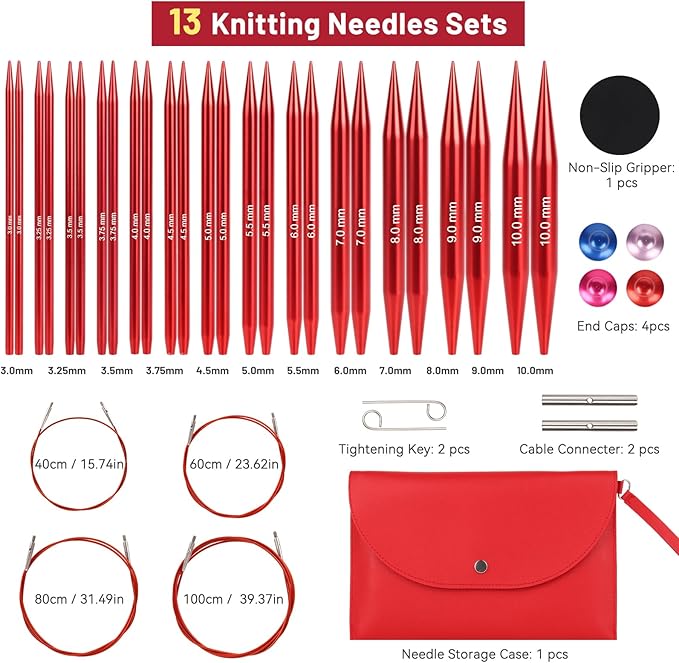 Aeelike Interchangeable Knitting Needles,13 Pairs Circular Knitting Needles Set Aluminum (Size 3.0mm-10.0mm) with 4 Cables for Socks Blankets Cushions, Ideal Crochet Gift