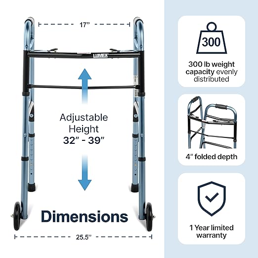 Lumex ColorSelect Walkers for Seniors, Rolling & Folding Adult Walker with Wheels, Blue