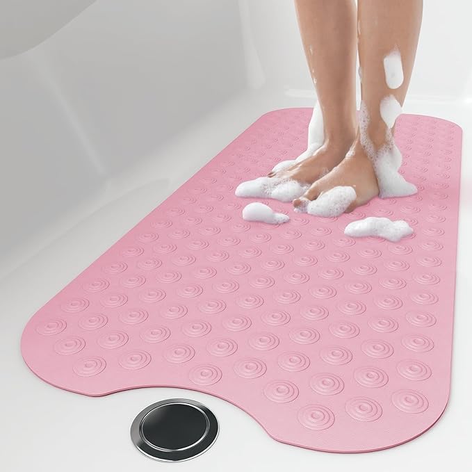 OTHWAY No Suction Cup Bath Mat: 39x16inch Extra Long Bathmat│Perfect for Refinished Bathtub Mat│Made of Nature Rubber│a Blessing for The Elderly and Children (Pink)