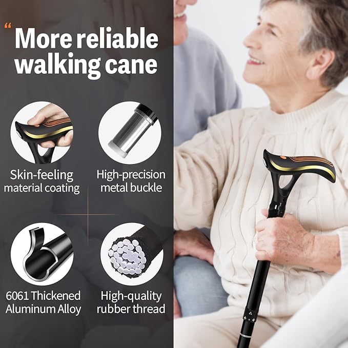 Folding Cane, Smart Alarm Foldable Cane with Light, Fashion Walking Cane for Women&Men, Adjustable Canes for Seniors, USB Direct Charging, Lightweight and Portable