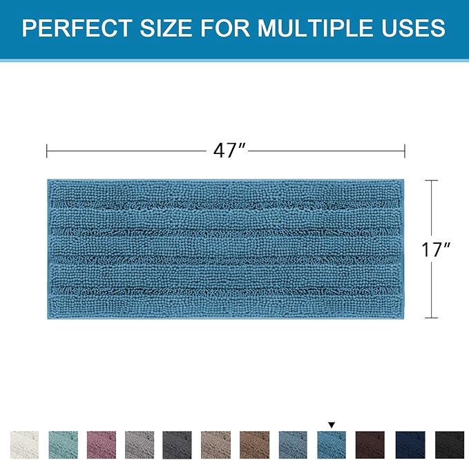 H.VERSAILTEX Bath Rugs for Bathroom Non Slip Bath Mats Extra Thick Chenille Striped Bath Rug Runners 47" x 17" Absorbent Fluffy Soft Shaggy Mats Plush Area Carpet for Bath Room - Turquoise Blue