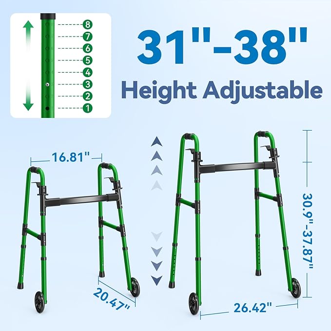 Folding Walker with 2 Skis and 5" Wheels, Lightweight Walkers for Seniors and Adults, Supports Up to 350 Pounds, Adjustable Height, Compact Standard Walker, Green