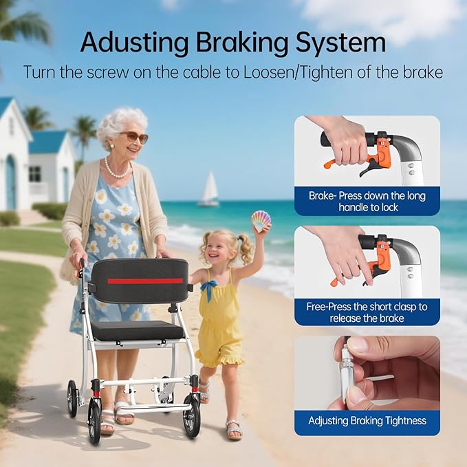 Rollator Walkers for Seniors with Seat, Foldable Lightweight Rolling Walker with 8" All Terrain Wheels, Height Adjustable 2 in 1 Walker Wheelchair Combo with Brake, No Installation, White