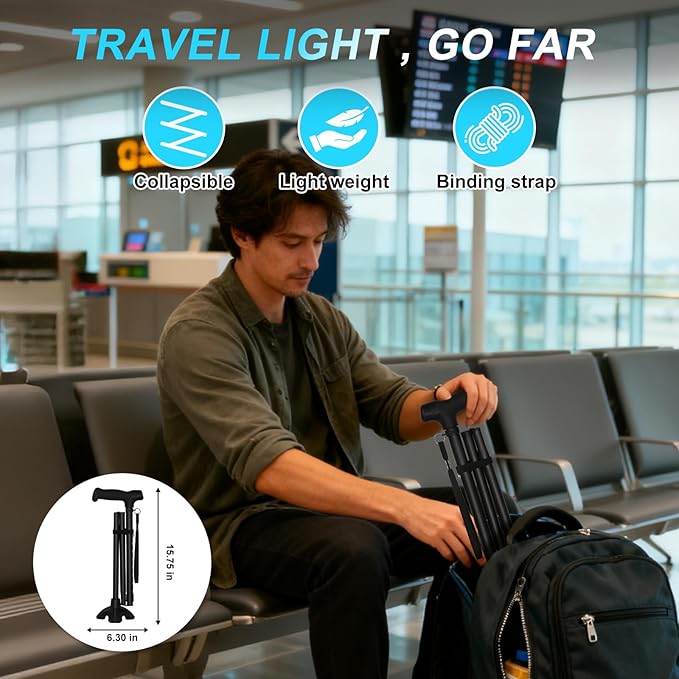 Walking Cane for Men and Women, Extended Handle; Solid Base; Foldable; Adjustable Heights; Lightweight; Heavy-Duty Canes for Seniors (Black)