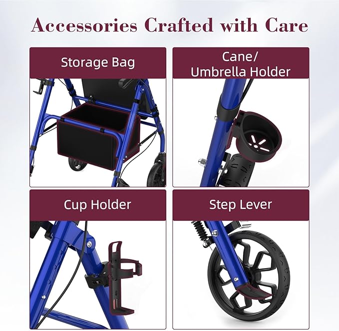 Walkers for Seniors, Foldable Rollator Walker with Seat, 8" Big Wheels, Lightweight Rollator Walker with Ergonomic Backrest, Adjustable Handles and Seat Height, 310 Lbs Weight Capacity, Blue