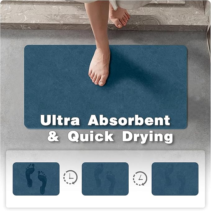 Bathroom Mat Quick Dry, Bathroom Rugs Non Slip Washable Thin Absorbent Bath Mat Fits Under Door Bathroom Floor Mat Perfect for Bath, Shower, or Sink 17"x59" Denim Blue