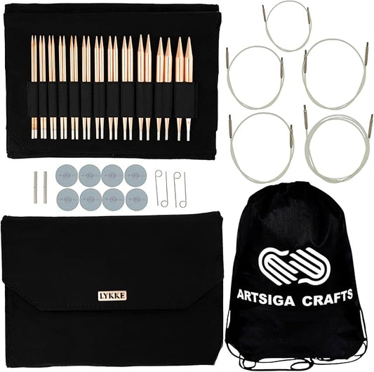 Lykke Cypra 5 in. Complete Set US Sizes US 3, 4, 5, 6, 7, 8, 9, 10, 10.5, 11, 13, 15 Interchangeable Circ. Knitting Needles for DK, Worsted, Chunky Yarns, Copper, 5 Cords, Black VS Case, Project Bag