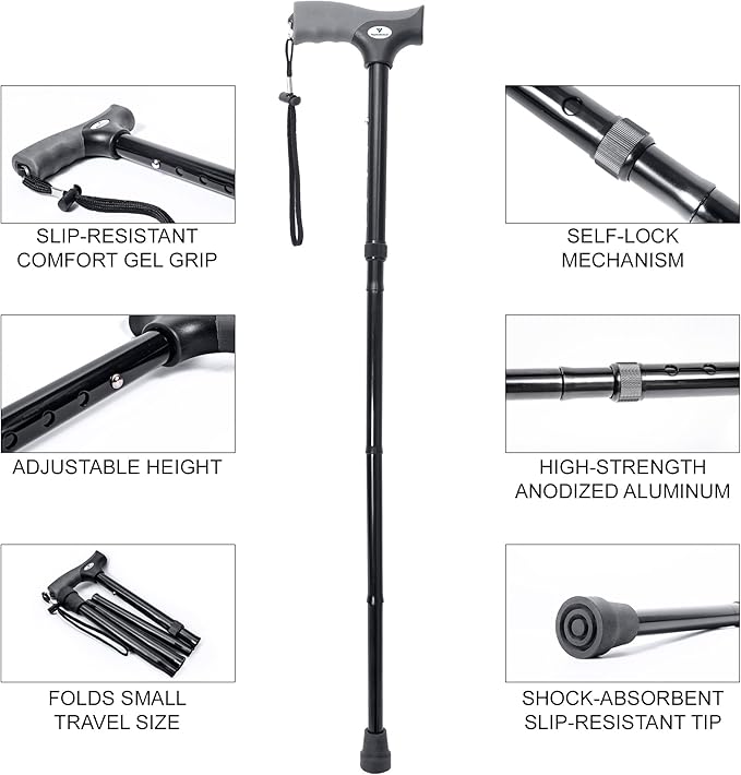 FSA/HSA Eligible, Vaunn Medical Easy Grip Height Adjustable Folding Cane/Walking Stick with Strap/Pouch- Compact, Portable, and Safe Walking Assistant- Non-Slip Grip Handle- Men, Women, Elderly
