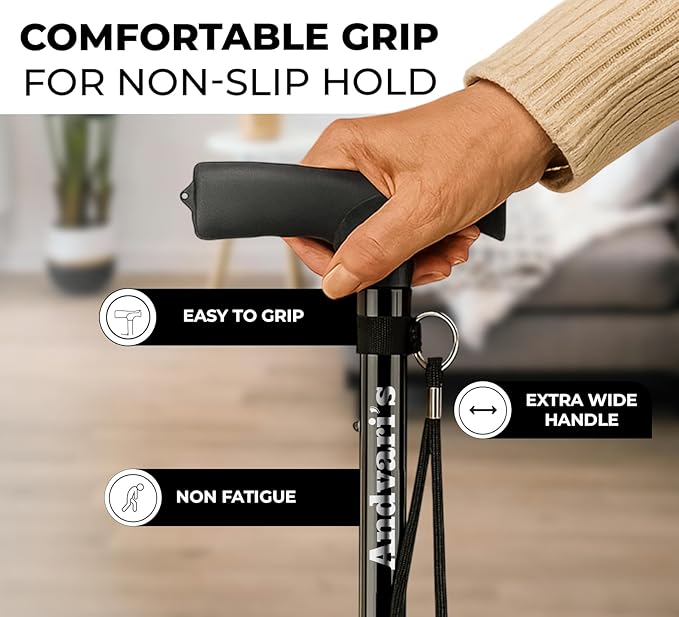 Walking Cane for Men & Women – Foldable, Adjustable, Self-Standing Cane with 360° Pivot Base, Comfortable Grip, Heavy Duty Canes for Women, Collapsible Walking Stick with Travel Bag for Seniors Adults